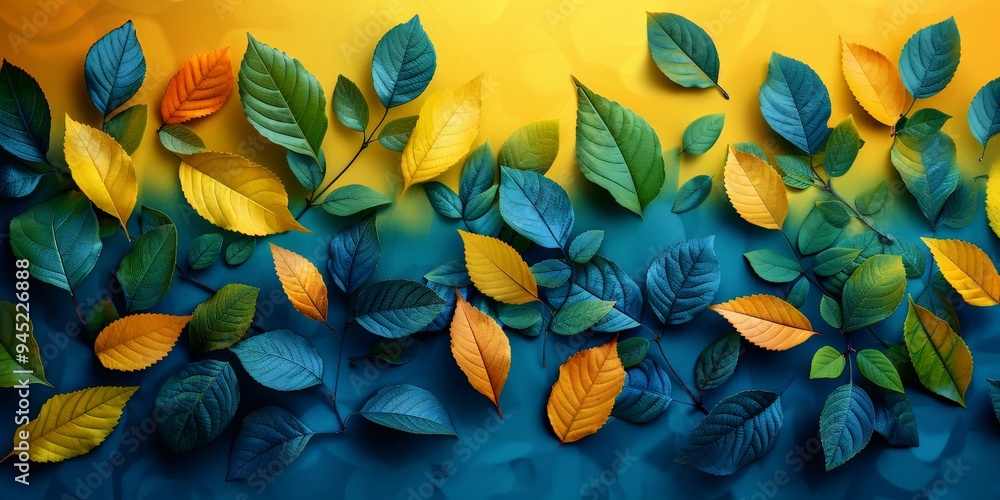 Colorful autumn and blue leaves on a gradient yellow and blue background, symbolizing seasonal change and artistic design. Colorful autumn and blue leaves on a gradient yellow and blue background, symbolizing seasonal change and artistic design.