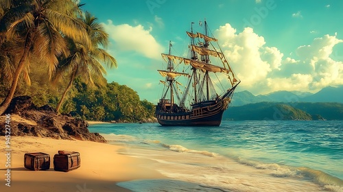 Pirate Ship Anchored in Tropical Paradise with Treasure Chests on Shore - Pirate Day Adventure in Exotic Setting