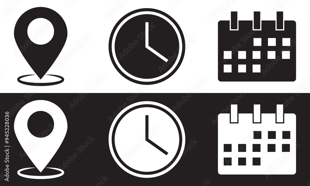 Address, date, time icon set .Event elements isolated on white and ...