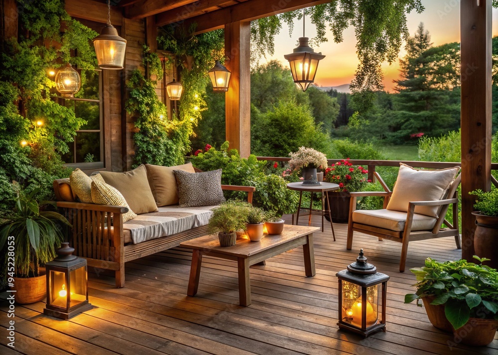 Fototapeta premium Cozy outdoor porch with rustic wooden furniture, verdant greenery, and soft lantern lighting, perfect for a serene and relaxing atmosphere on a warm summer evening.