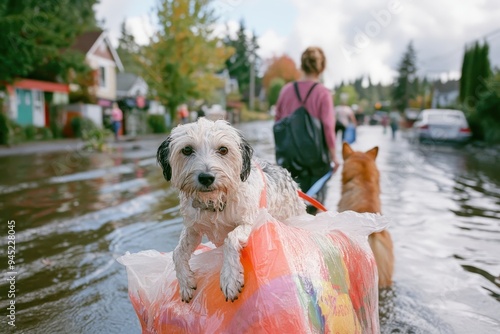 Rescue pets: dogs carried through flooded neighborhood streets photo