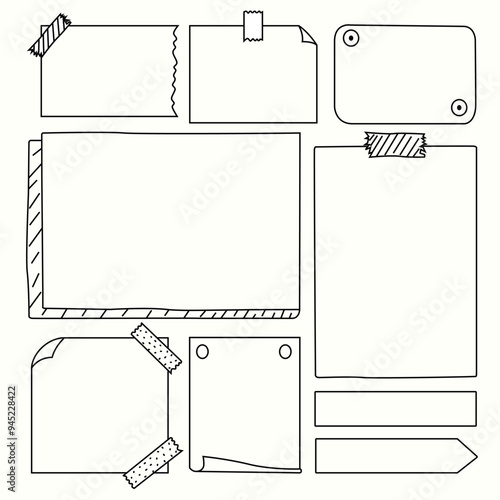 Paper page doodle set in hand drawn line art sketch style