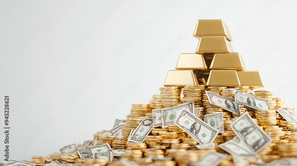 A mountain of gold bars and silver coins forms a peak, with banknotes cascading down, representing the pinnacle of financial success and prosperity. The ultra-high resolution image is rich in detail, A mountain of gold bars and silver coins forms a peak, with banknotes cascading down, representing the pinnacle of financial success and prosperity. The ultra-high resolution image is rich in detail,
