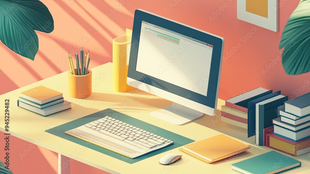 A workspace with a computer and virtual study materials, representing online education. A workspace with a computer and virtual study materials, representing online education.