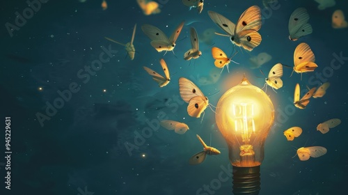 Butterflies attracted to a glowing light bulb.