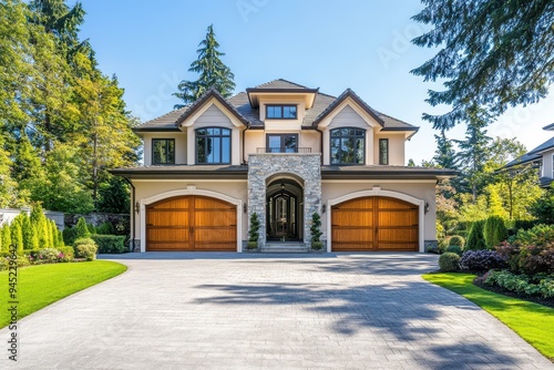 A luxurious home with a landscaped driveway and wooden garage doors surrounded by trees.