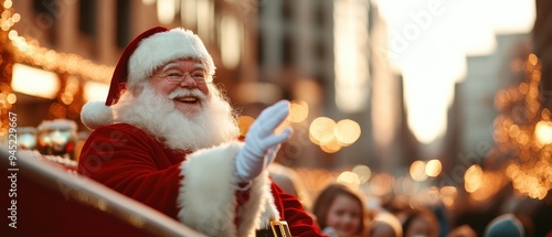 Santa claus waving in festive holiday parade with cheery crowd and twinkling lights