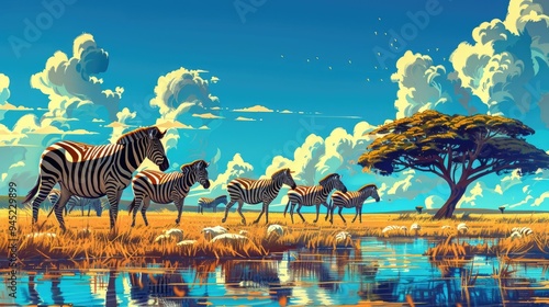 A Herd of Zebras Walking Near a Waterway in a Sunny African Savanna