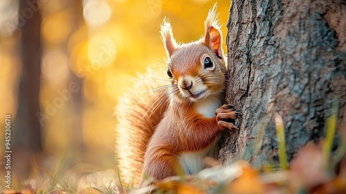 Red Squirrel Peeking From Behind A Tree