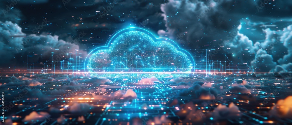 Obraz premium Advanced Technology Concept: Holographic Cloud Computing in Visualization