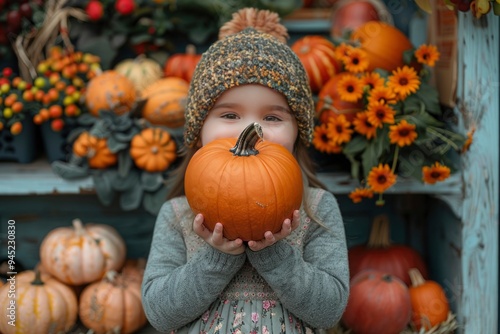 caucasian, european child surround by pumpkin harvest, fall and crop aesthetic.