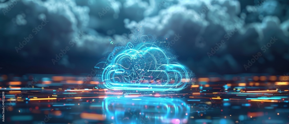 Futuristic High-Tech Hologram Concept of a Cloud Network in Digital Technology World Futuristic High-Tech Hologram Concept of a Cloud Network in Digital Technology World