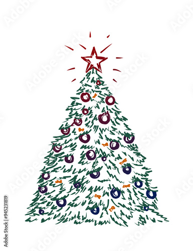 The sketch of a decorated Christmas tree.
