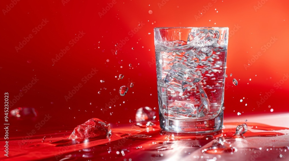 Refreshing Splash of Water with Ice Against a Red Background Refreshing Splash of Water with Ice Against a Red Background