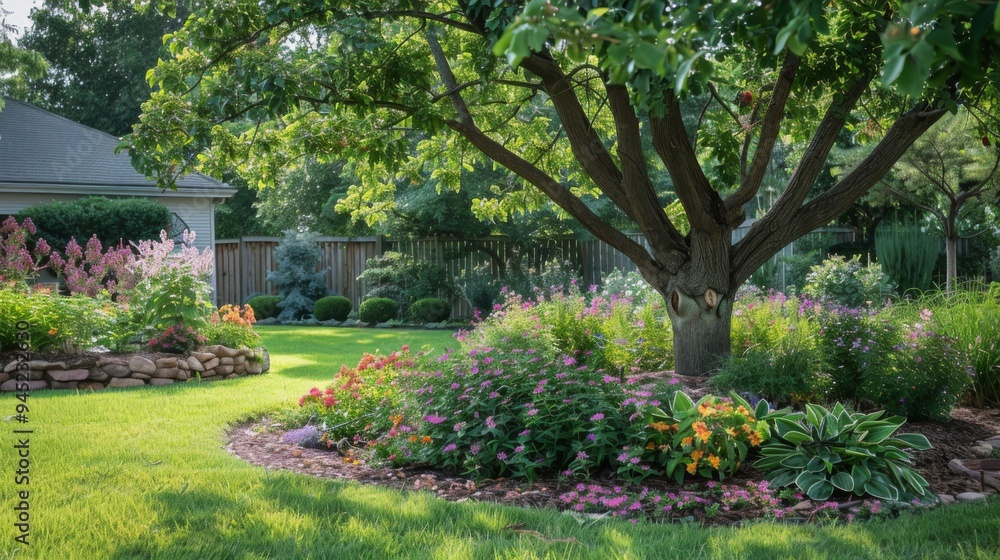 Obraz premium Beautiful Backyard Garden with Lush Greenery and Flowers