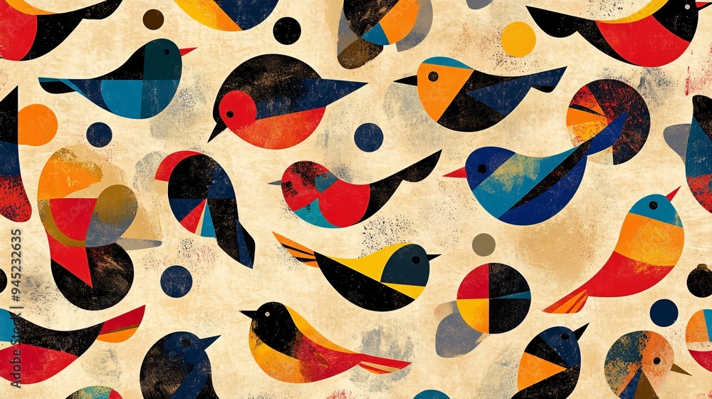 Geometric bird patterns with overlapping shapes and vibrant colors on a neutral background Geometric bird patterns with overlapping shapes and vibrant colors on a neutral background