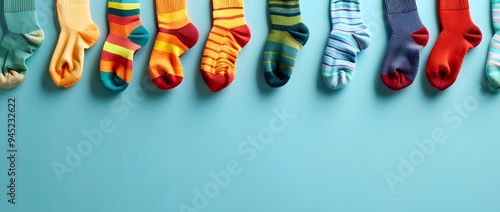 Colorful socks hanging on a clothesline against an isolated blue background, national sock day photo