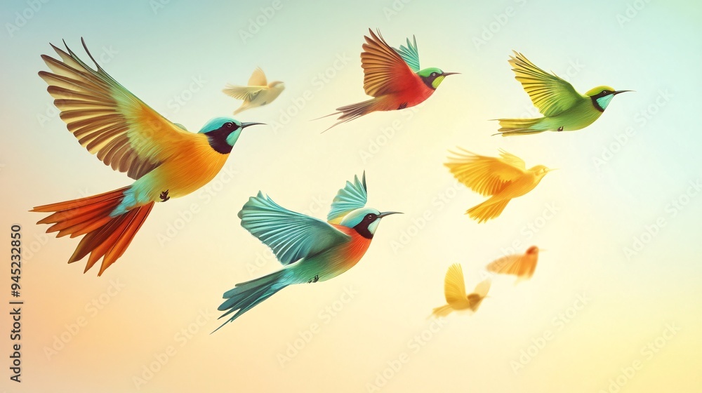 Obraz premium Colorful birds in flight with intricate details set against a soft gradient background