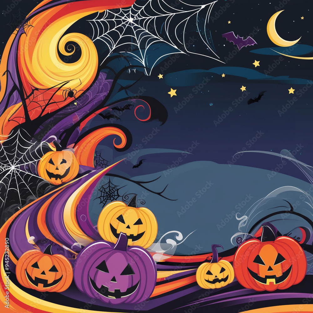 Fototapeta premium Intricately Detailed Halloween Background with Vibrant Orange, Yellow, Red, and Purple Colors Against a Dark Night Sky, Featuring Stars, Crescent Moon, Mist, Spider Webs, and Jack-o-Lanterns