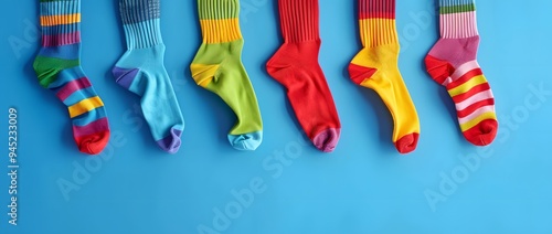 Colorful socks hanging on a clothesline against an isolated blue background, national sock day photo