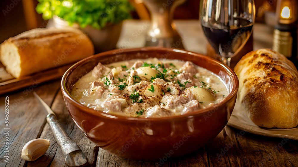 Home-Cooked Comfort Blanquette de Veau served in a deep bowl, placed in the center of a wooden dining table with a loaf of crusty bread Home-Cooked Comfort Blanquette de Veau served in a deep bowl, placed in the center of a wooden dining table with a loaf of crusty bread