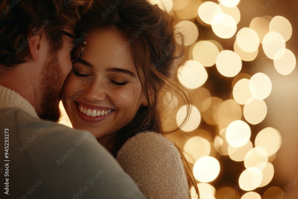 A loving couple embraces warmly against a backdrop of soft, glowing holiday lights, emanating affection and holiday spirit, capturing a tender moment. A loving couple embraces warmly against a backdrop of soft, glowing holiday lights, emanating affection and holiday spirit, capturing a tender moment.