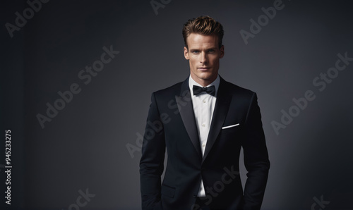 A man in a tuxedo stands against a dark background, looking confident and ready for a special occasion