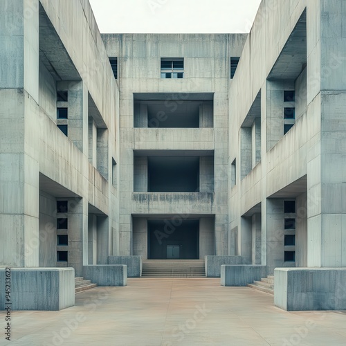 A brutalist government building with fortress-like walls and deep-set windows, Neo Brutalism, government building, fortress photo