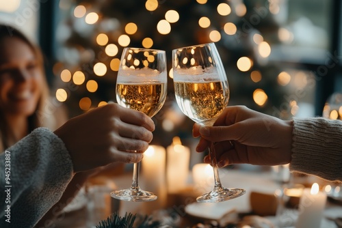 Two people clinking glasses of champagne, celebrating with a festive bokeh background and candles setting an intimate and joyous holiday atmosphere.