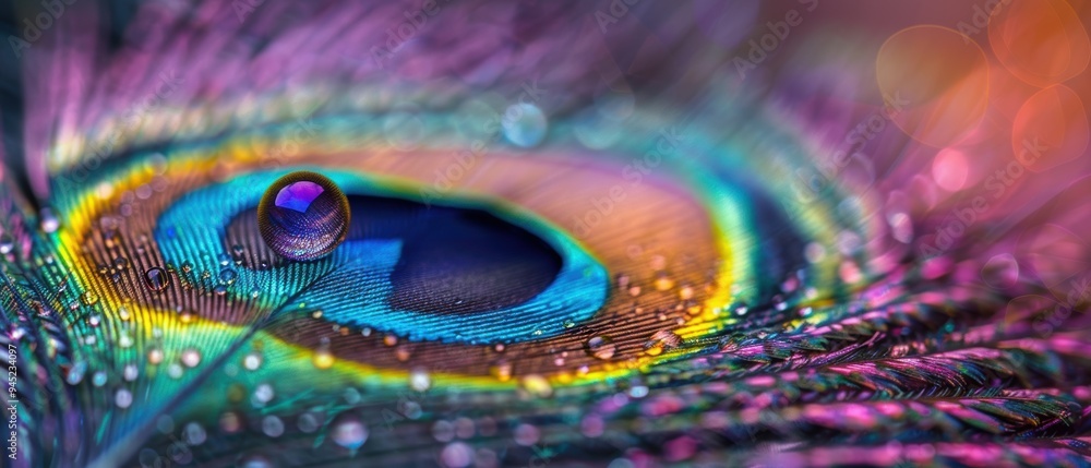 Naklejka premium Vibrant Peacock Feather Close-up with Intricate Patterns and Iridescent Colors on Soft-Focus Background