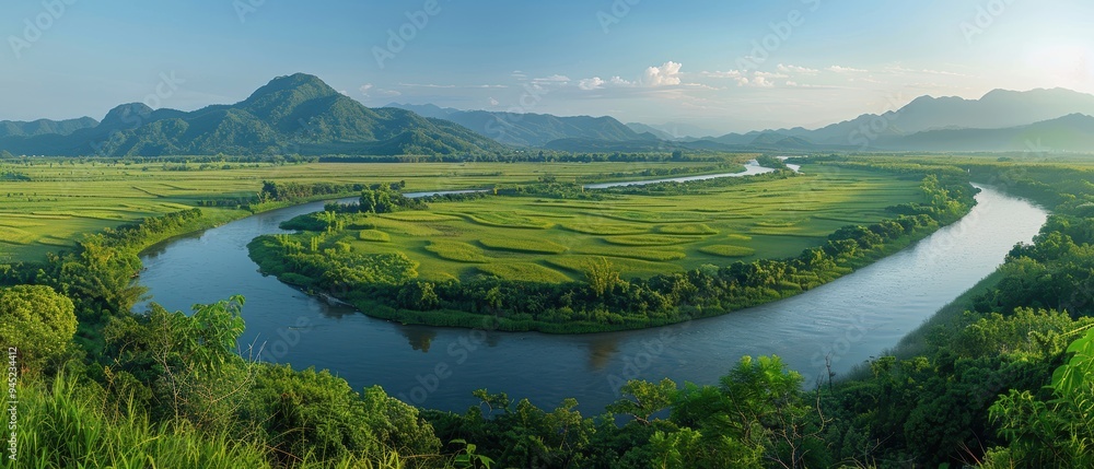 Serene River Flowing Through Lush Green Valley Surrounded by Majestic Mountains and Clear Blue Sky Serene River Flowing Through Lush Green Valley Surrounded by Majestic Mountains and Clear Blue Sky