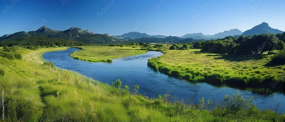 Serene River Flowing Through Lush Valley with Majestic Mountains and Clear Sky in the Distance Serene River Flowing Through Lush Valley with Majestic Mountains and Clear Sky in the Distance