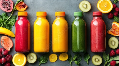 Flat lay of colorful smoothies in bottles with fresh tropical fruits and vegetables on a concrete background photo