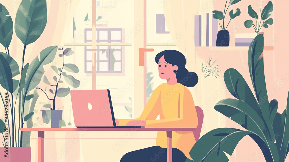 A cozy indoor workspace with a woman working on a laptop surrounded by plants during the daytime A cozy indoor workspace with a woman working on a laptop surrounded by plants during the daytime