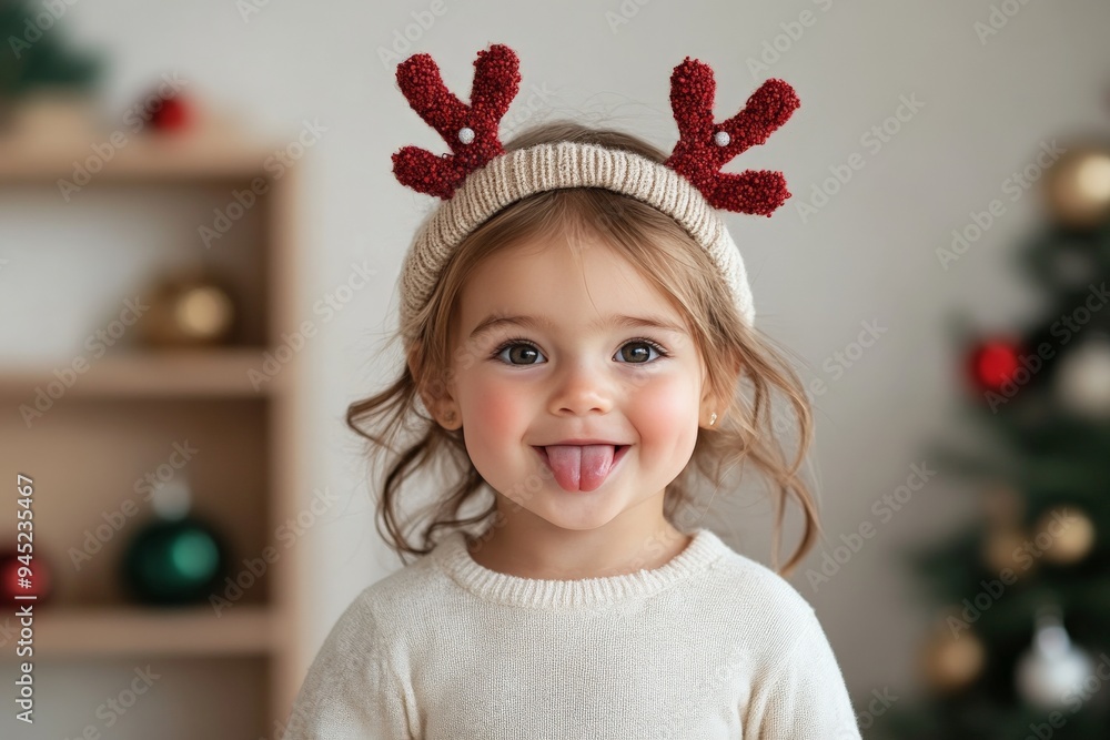 A small child sticks out their tongue, wearing a fun reindeer headband, capturing a candid and playful holiday moment filled with innocence and festivity. A small child sticks out their tongue, wearing a fun reindeer headband, capturing a candid and playful holiday moment filled with innocence and festivity.