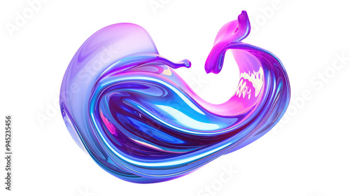 Abstract liquid swirl with iridescent blue and pink colors on a transparent background.