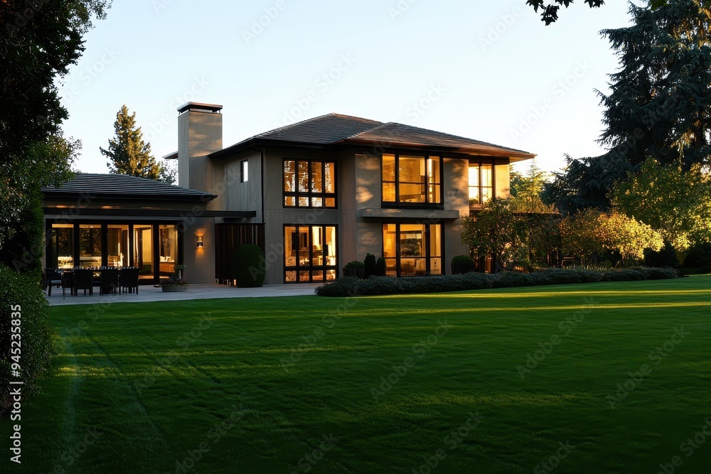 A modern house with large windows, surrounded by a well-maintained lawn and trees. A modern house with large windows, surrounded by a well-maintained lawn and trees.