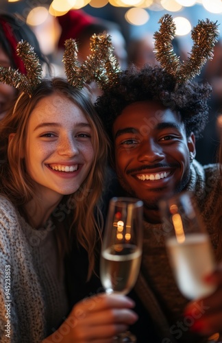 Young coworkers joyfully toast with champagne at an office Christmas party, celebrating the holidays together