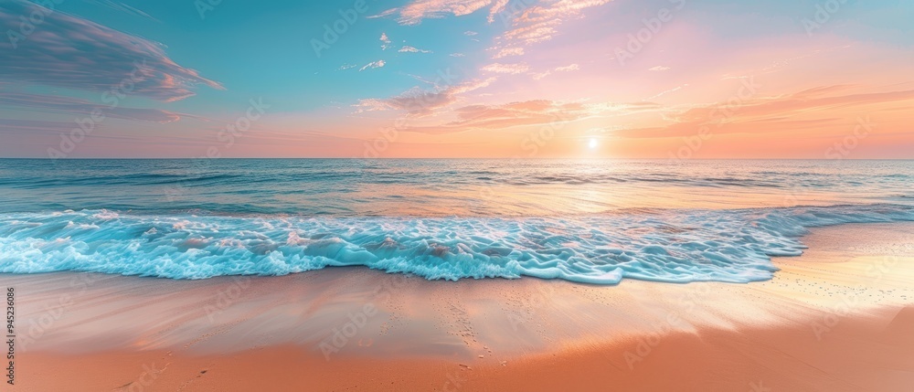 Fototapeta premium Serene Sunset Beach: Tranquil Seaside Scene with Vibrant Sky and Gentle Waves