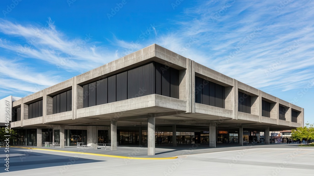 A Neo Brutalist shopping center with a heavy, angular design and concrete detailing, Neo Brutalism, shopping center, angular A Neo Brutalist shopping center with a heavy, angular design and concrete detailing, Neo Brutalism, shopping center, angular