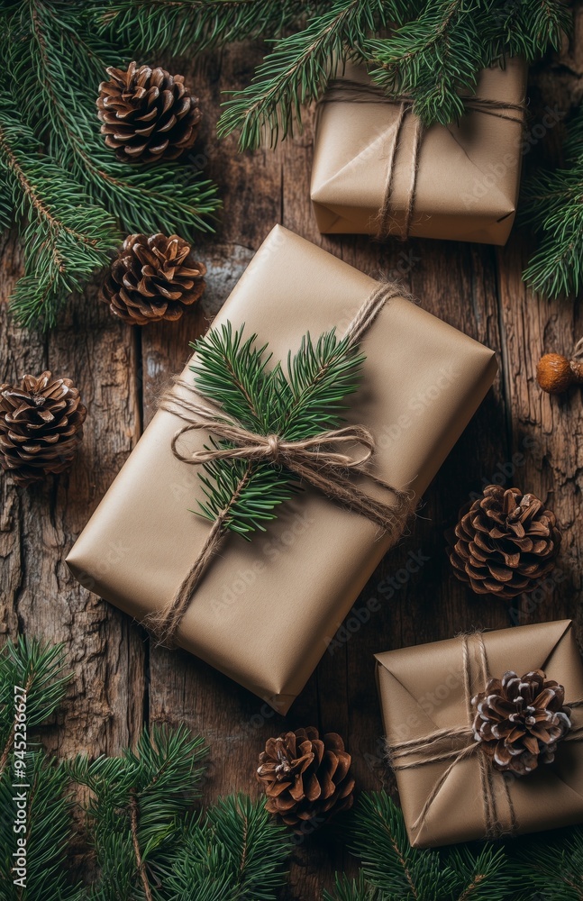 Christmas presents adorned with kraft paper, twine, and pine cones on a rustic wooden table Christmas presents adorned with kraft paper, twine, and pine cones on a rustic wooden table