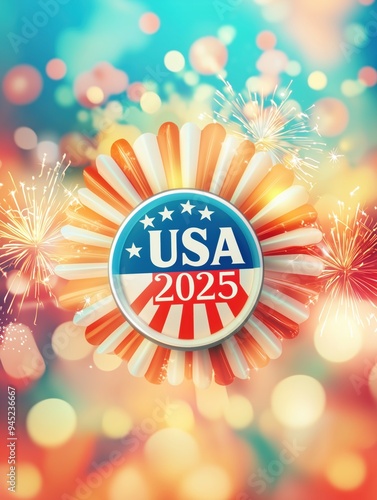 USA 2025 Badge with Stars and Stripes Over Vibrant New Yearâ€™s Celebration and Fireworks Background - Patriotic 3D Holiday Theme photo