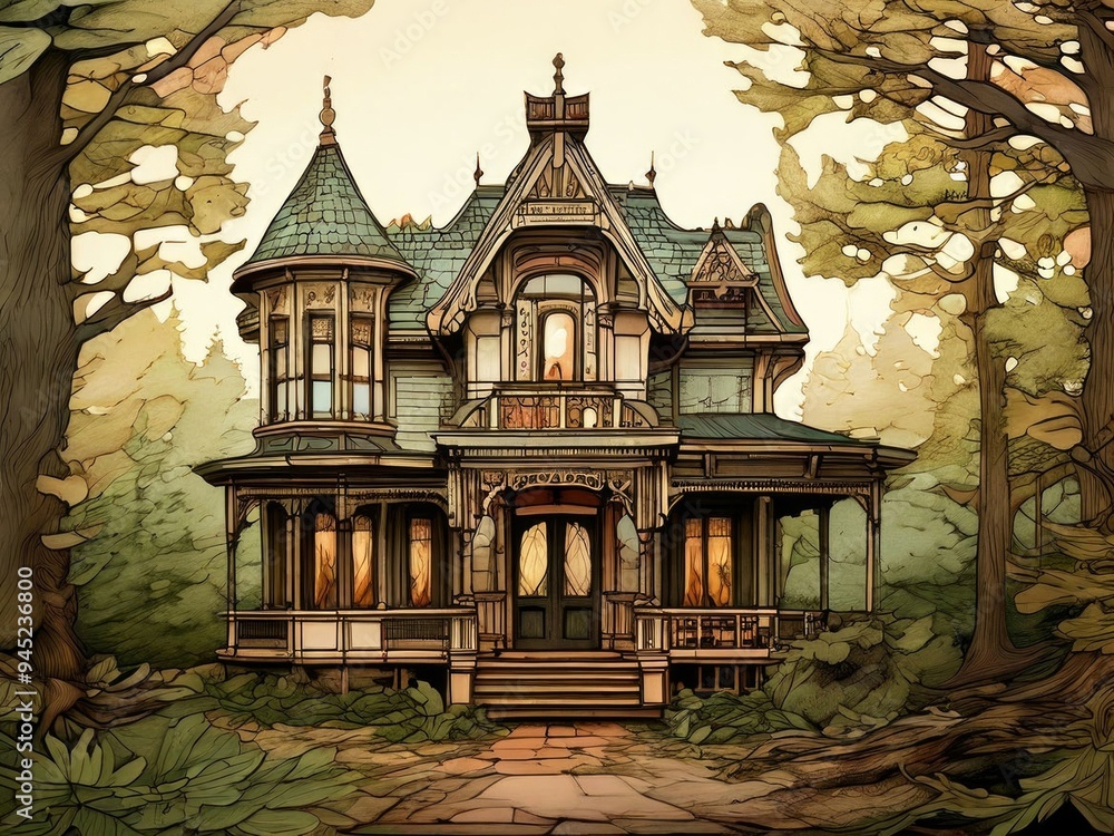 Fototapeta premium A charming Victorian house with intricate woodwork, surrounded by vibrant autumn trees and a stone pathway.AI generated.