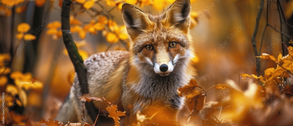 Majestic Fox Camouflaged in Autumn Foliage - Detailed Wildlife Portrait in Natural Habitat Majestic Fox Camouflaged in Autumn Foliage - Detailed Wildlife Portrait in Natural Habitat