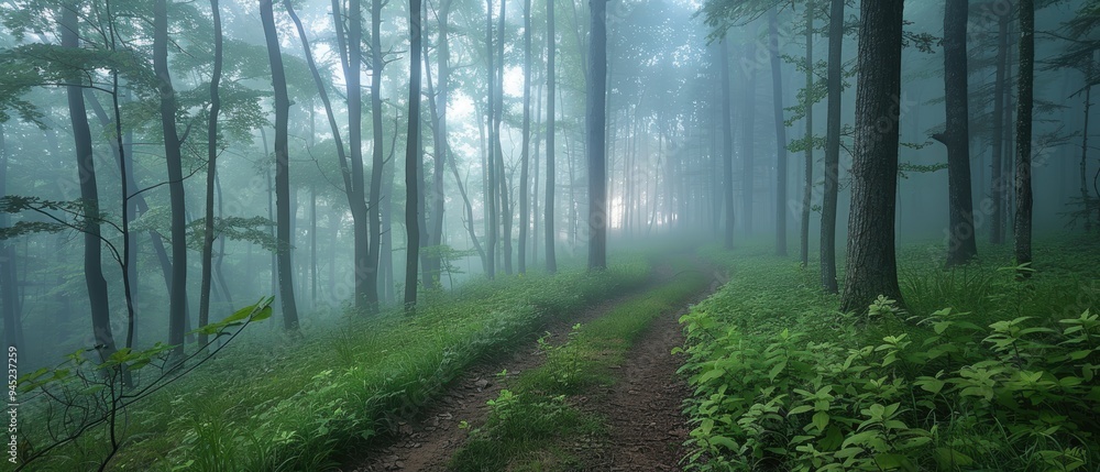 Naklejka premium Enchanting Foggy Forest Path: Tranquil Trail Amidst Misty Trees and Sunlit Canopy