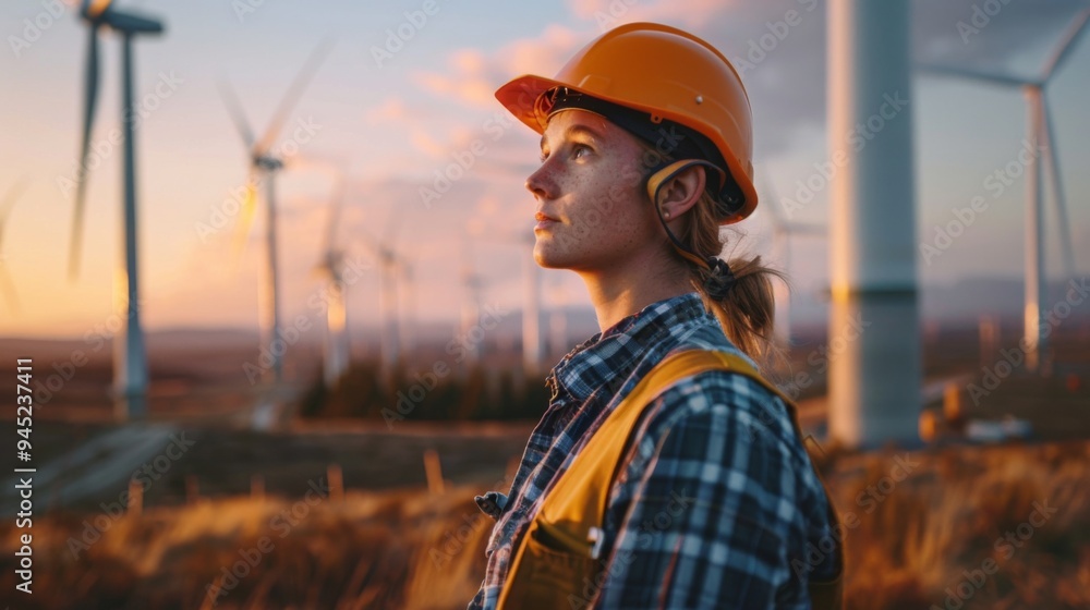 Worker Inspecting Wind Turbines at Sunset Worker Inspecting Wind Turbines at Sunset