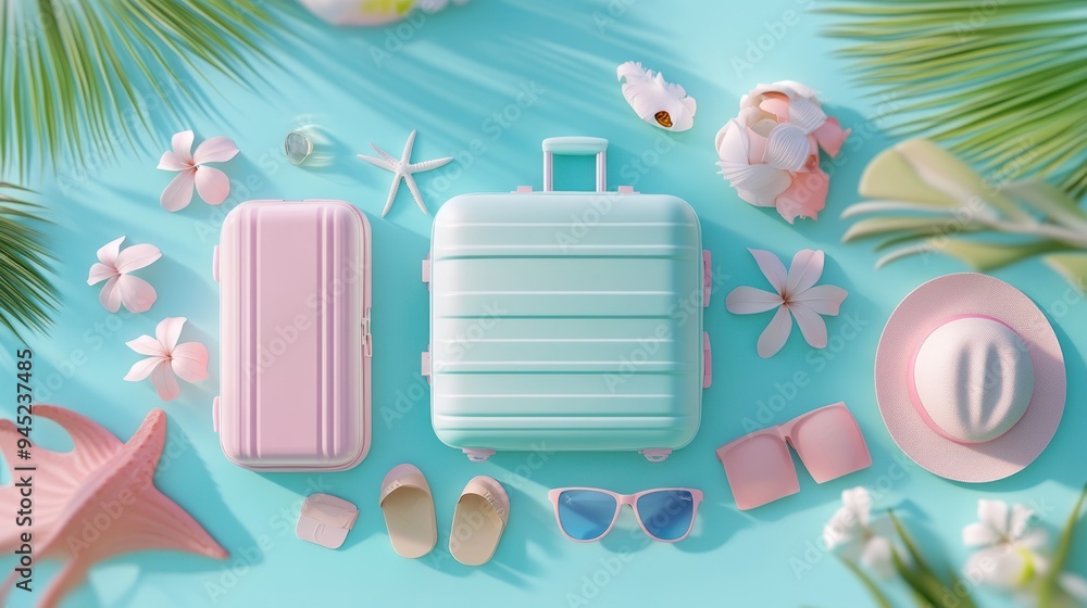 A flat lay 3d render featuring travel essentials for Spring Break, including a suitcase, sunglasses, flip-flops, sunscreen, and a beach hat. Adorable 3d Rendering style with high precision and contras A flat lay 3d render featuring travel essentials for Spring Break, including a suitcase, sunglasses, flip-flops, sunscreen, and a beach hat. Adorable 3d Rendering style with high precision and contras