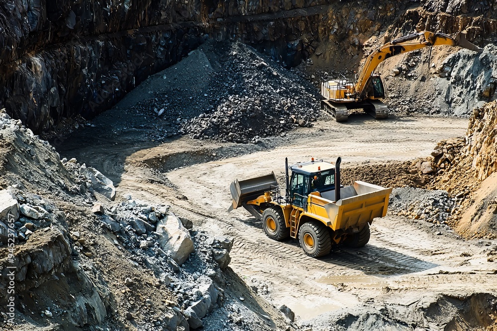 A loader operator moves soil and rocks on a large excavation site. The area is active with multiple machines and workers A loader operator moves soil and rocks on a large excavation site. The area is active with multiple machines and workers