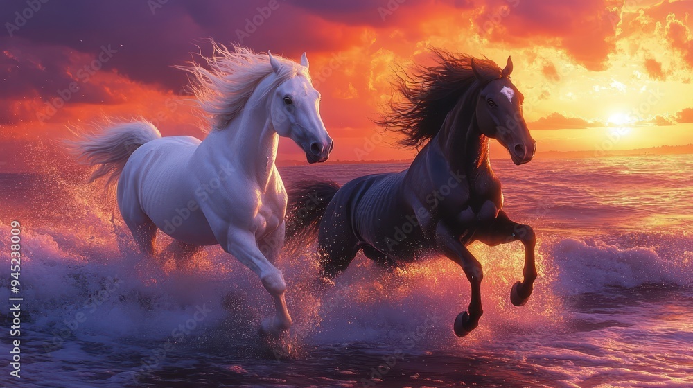 A dramatic scene of two wild horses, one white and one black, galloping through the ocean waves during a vibrant sunset A dramatic scene of two wild horses, one white and one black, galloping through the ocean waves during a vibrant sunset