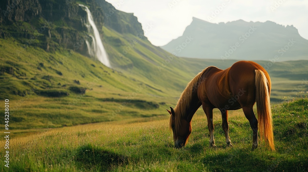 Horse Grazing in Icelandic Landscape Horse Grazing in Icelandic Landscape